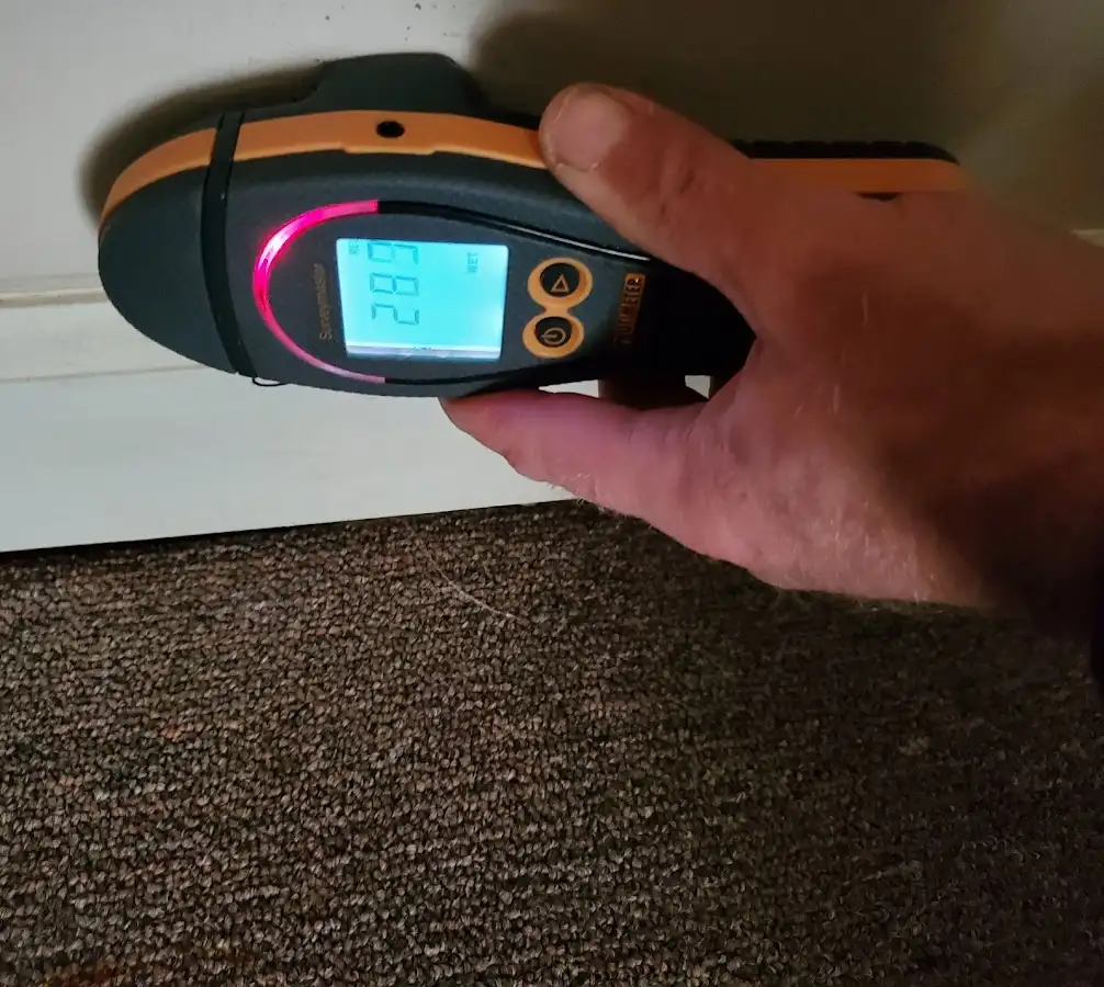Moisture detection at baseboard during Storm Damage Restoration in Highlands